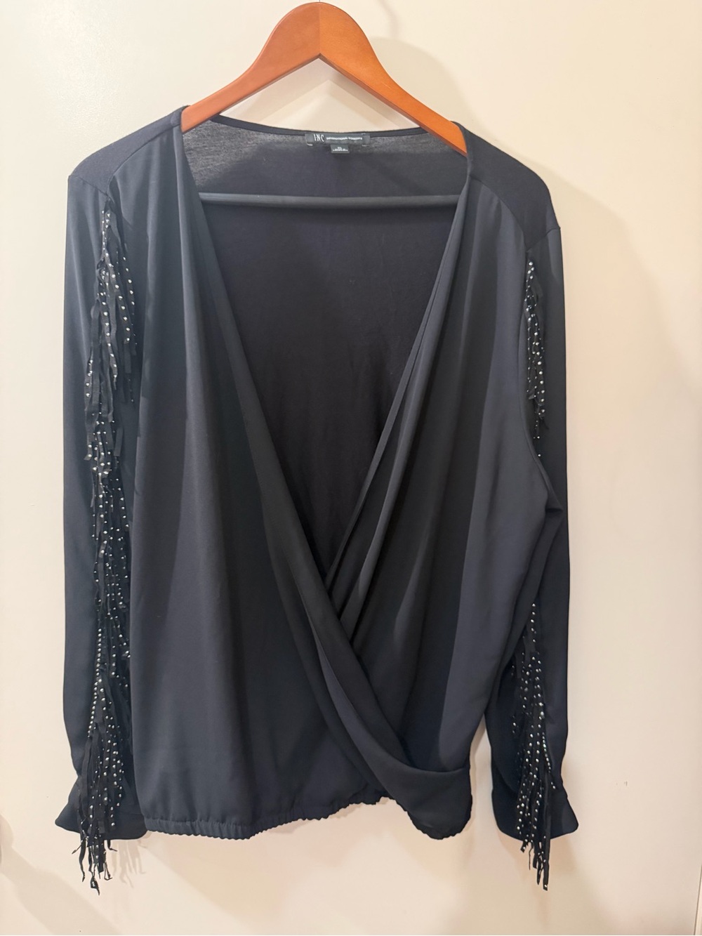 INC International Concepts Black Fringe-Embellished Wrap Top